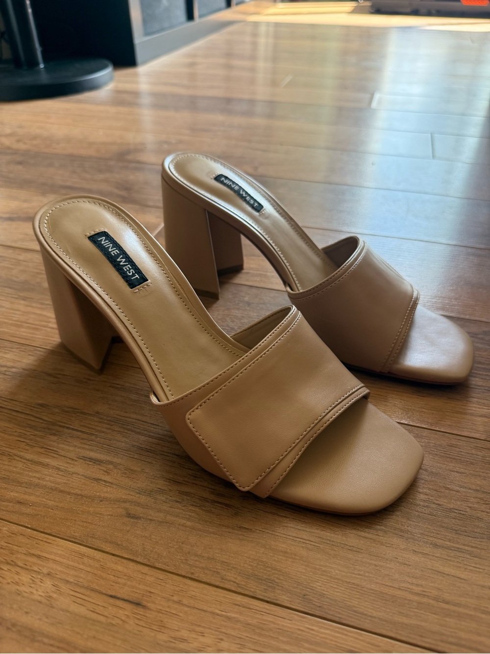 Nine West Tan Block Heel Slide Mules